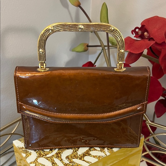 Vintage Jane Shilton Mini Brown Patent Leather Handbag with Gold Handle - Picture 1 of 11